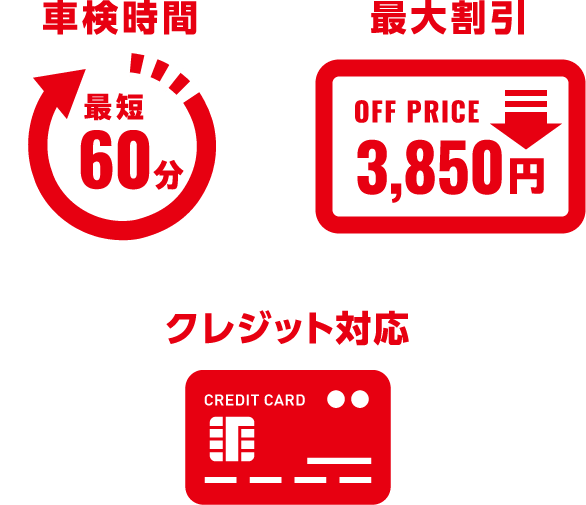 車検時間最短60分　最大割引3,850円　クレジット対応　代車無料